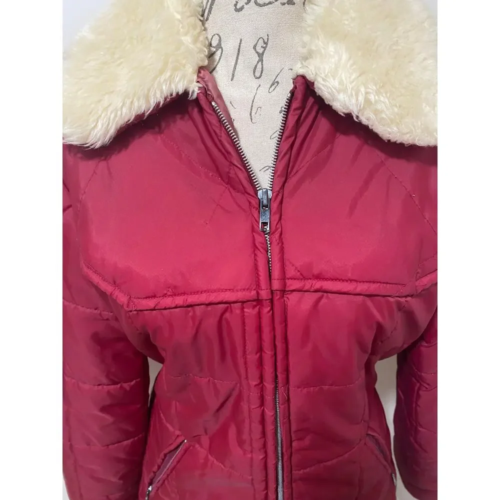 Vintage Ms. Pioneer 70s 80s Red Puffer Coat Faux Fur Collar Size 14 Girls